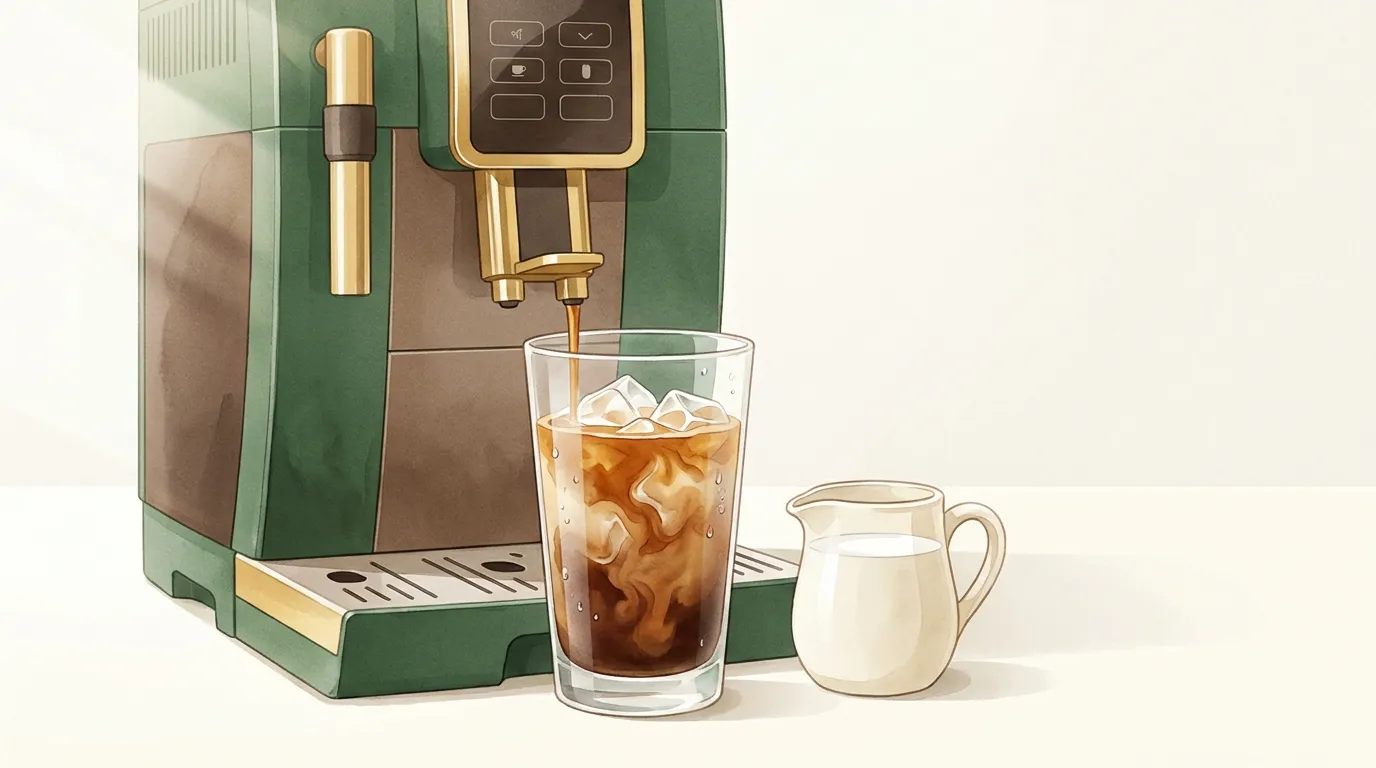 Espresso z DeLonghi Dinamica wlewane na szklankę pełną dużych kostek lodu, baza pod kawę mrożoną