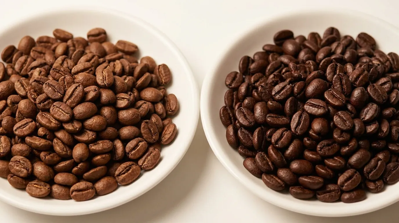 Porównanie koloru ziaren kawy bezkofeinowej i normalnej na tym samym poziomie palenia — decaf wygląda ciemniej