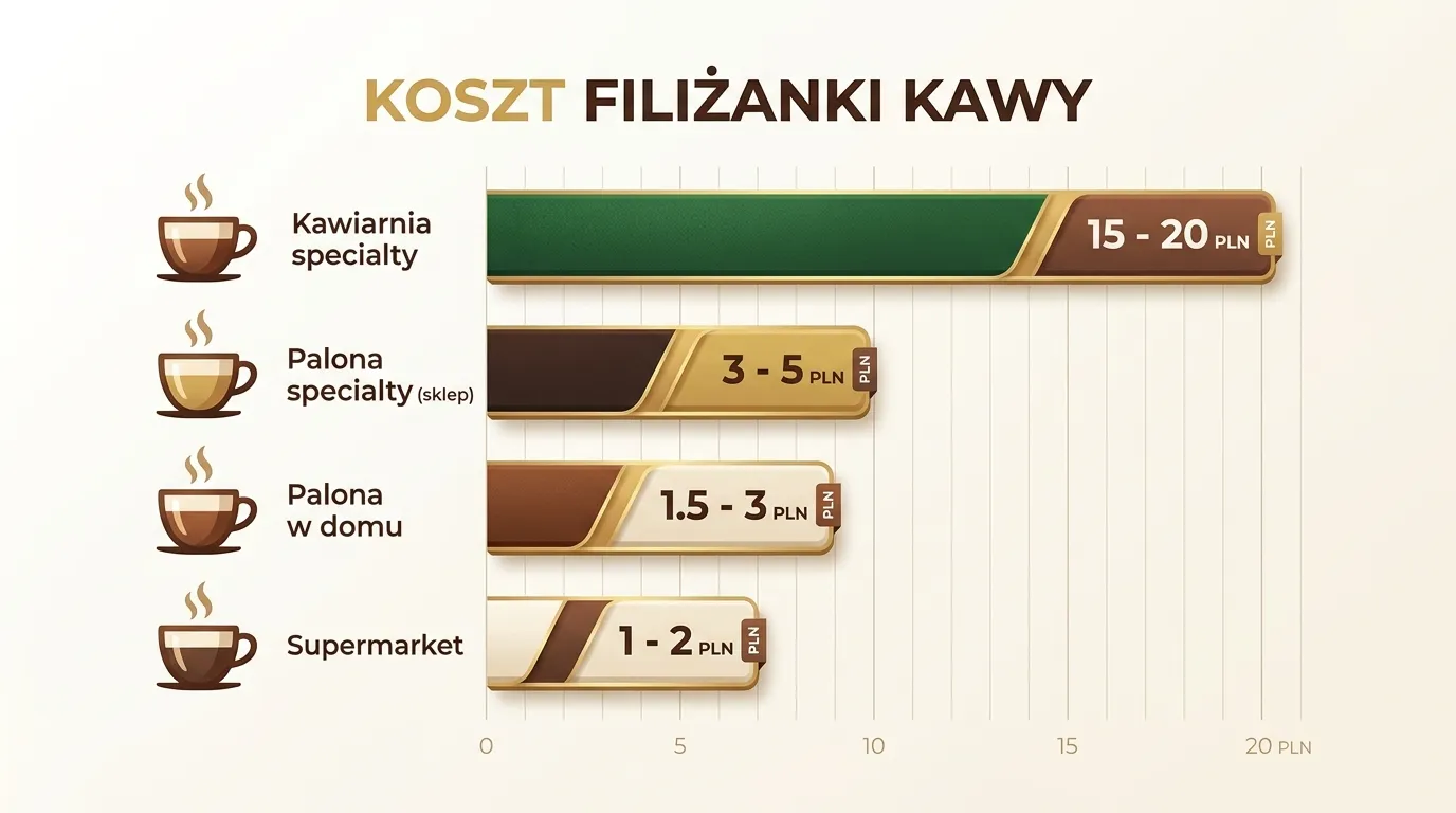 Trzy kubki kawy z etykietami kosztów: home roast 0,90 zł, CRAFTBE specialty 2,10 zł, supermarket 0,55 zł — na drewnianym blacie