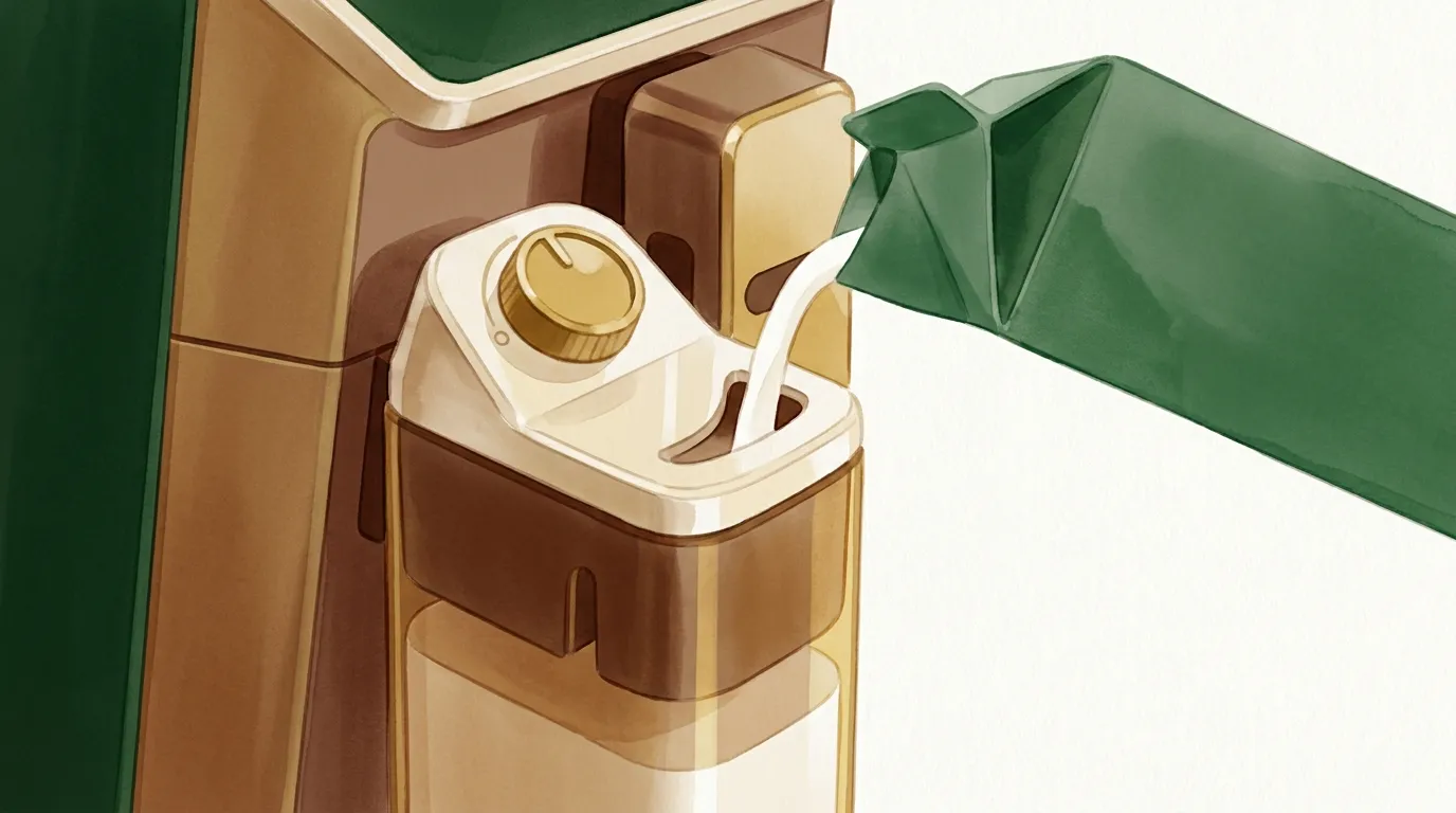 Karafka LatteCrema DeLonghi PrimaDonna z podwójnymi ściankami i otwartym otworem w pokrywie, do którego wlewane jest mleko z kartonu, pokrętło piany widoczne obok