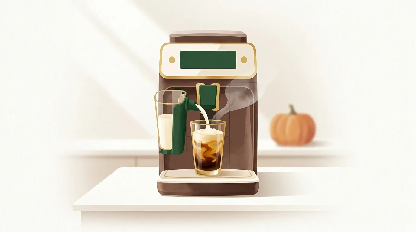 Ekspres Philips LatteGo 5400 nalewa spienione mleko do szklanki z espresso i syropem dyniowym na jasnym blacie kuchennym