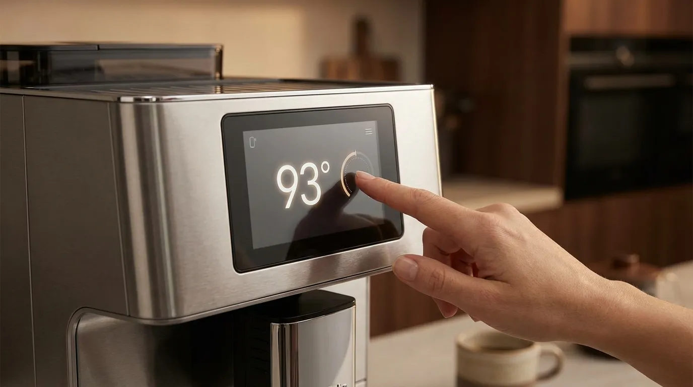 Wyświetlacz ekspresu automatycznego pokazujący temperaturę 93°C