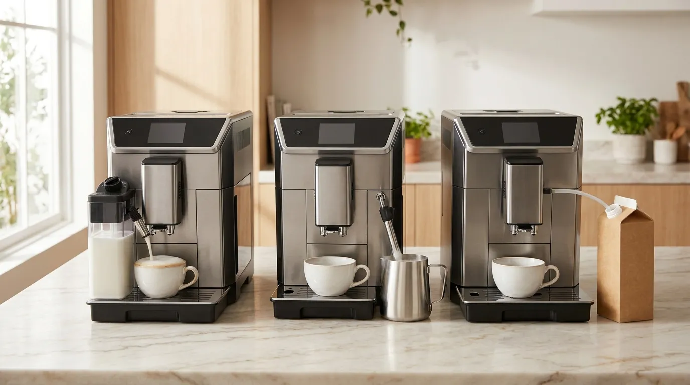 Trzy systemy spieniania mleka — automatyczna karafka, lanca parowa, rurka w kartonie