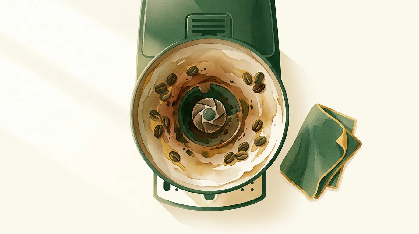 Otwarty pojemnik na ziarna ekspresu DeLonghi Magnifica S z widocznym filmem oleju na ściankach i żarnach młynka