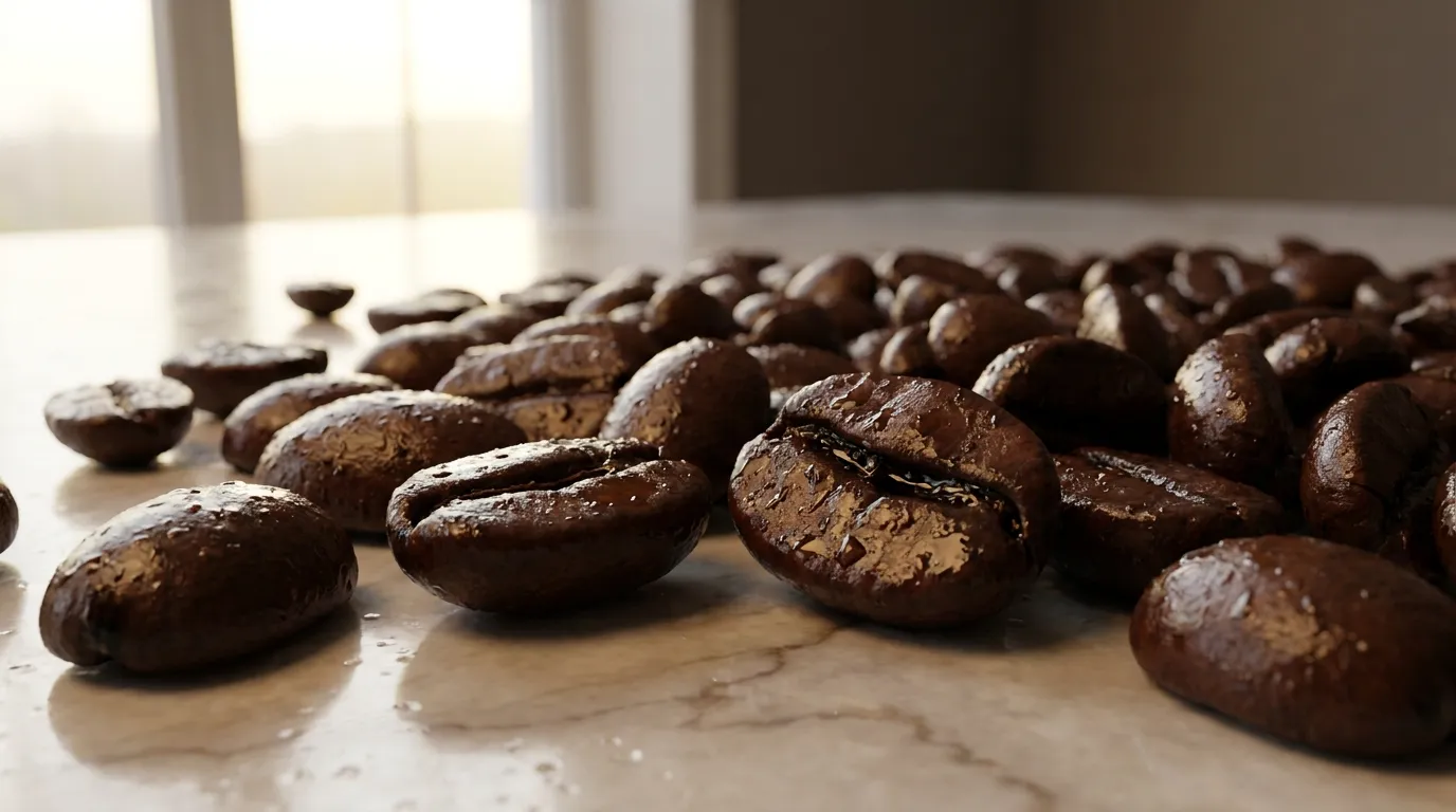 Zbliżenie na oleiste, błyszczące ziarna kawy po ciemnym paleniu — widoczna warstwa tłuszczu na powierzchni