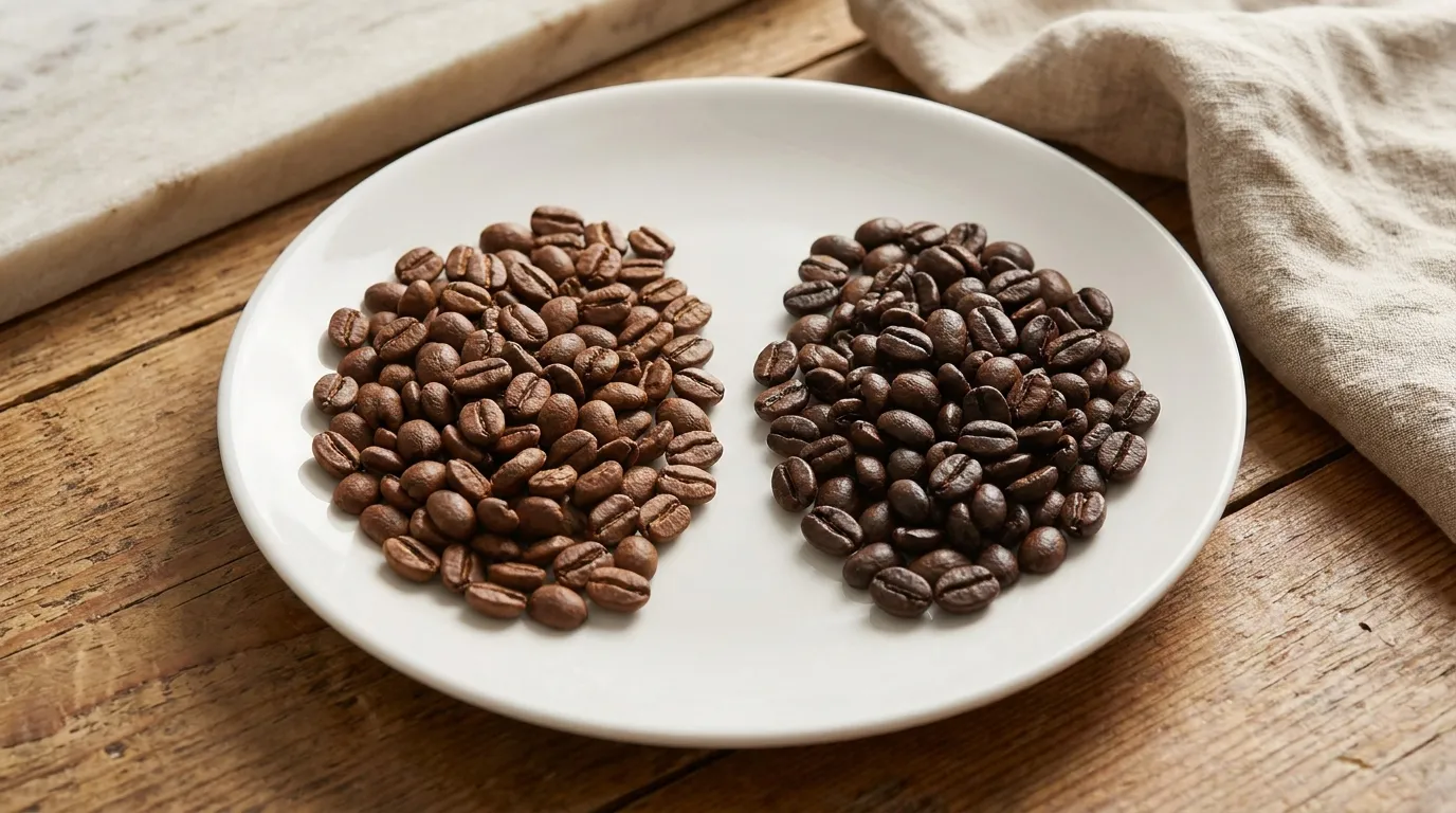 Porównanie palenia — normalne ziarna (jasnobrązowe) i decaf (ciemniejsze, lekko oleiste)
