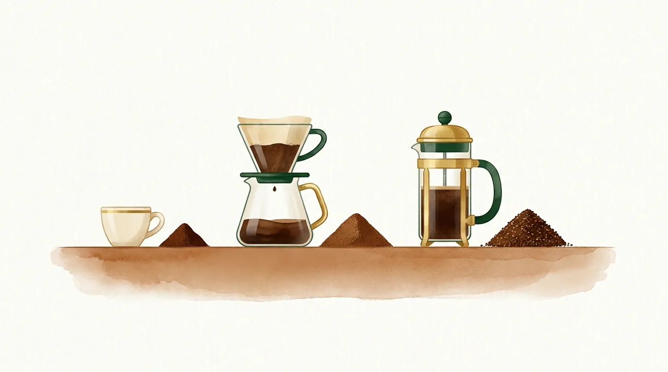 Espresso, drip i French press obok siebie, każda metoda z inną porcją kawy
