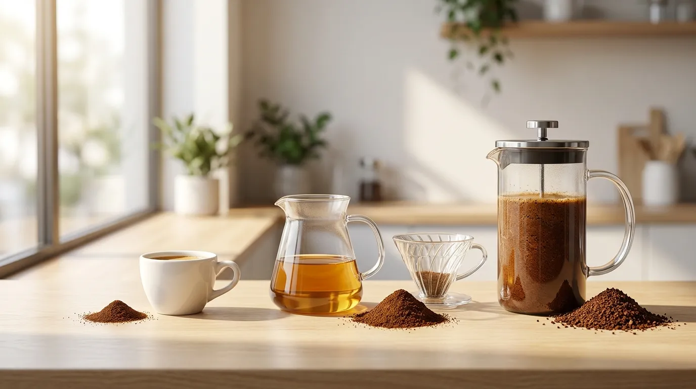 Porównanie trzech metod parzenia kawy — espresso, drip i French press obok siebie z różnymi proporcjami