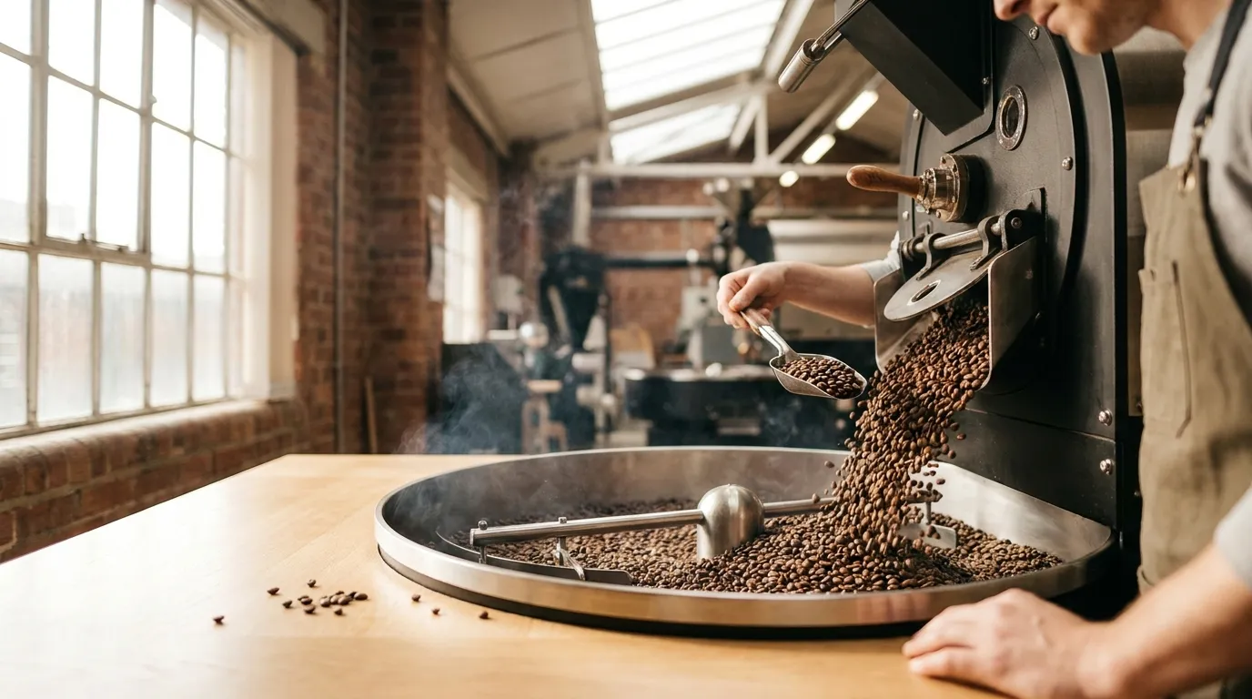 Palenie kawy brazylijskiej — medium roast wydobywa orzechowe i czekoladowe nuty typowe dla Cerrado