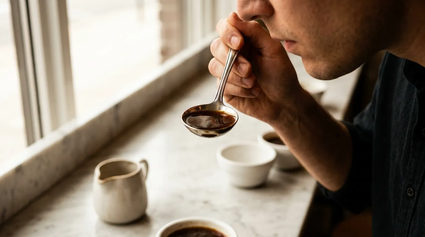 Degustacja kawy z łyżki cuppingowej — głośne wciąganie rozpyla kawę po podniebieniu