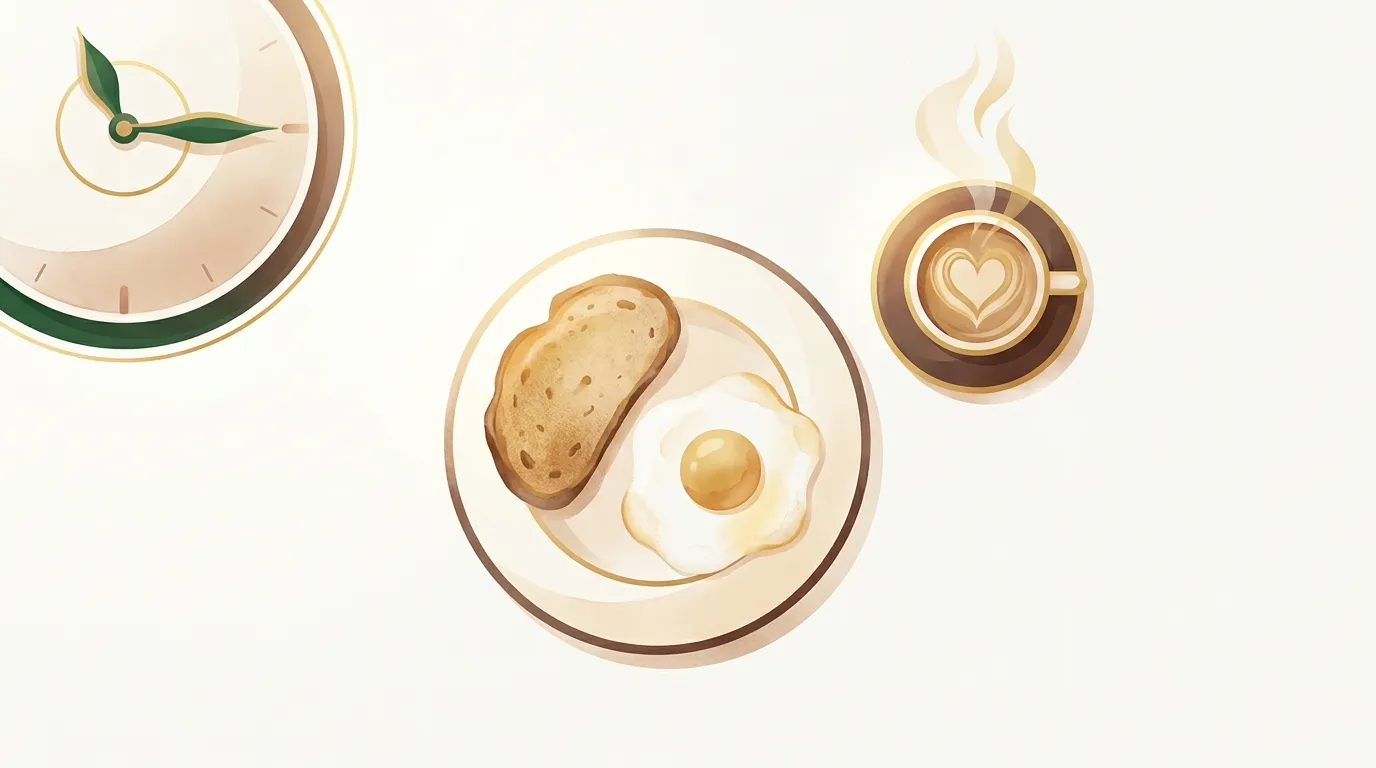 Stół śniadaniowy z góry: talerz z pieczywem i jajkiem, obok mała filiżanka cappuccino