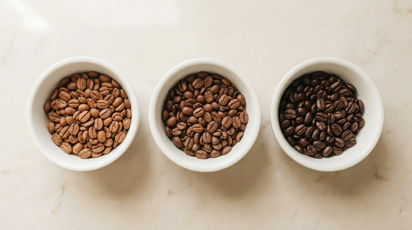 Trzy stopnie palenia kawy — jasne, średnie i ciemne ziarna obok siebie na białym tle