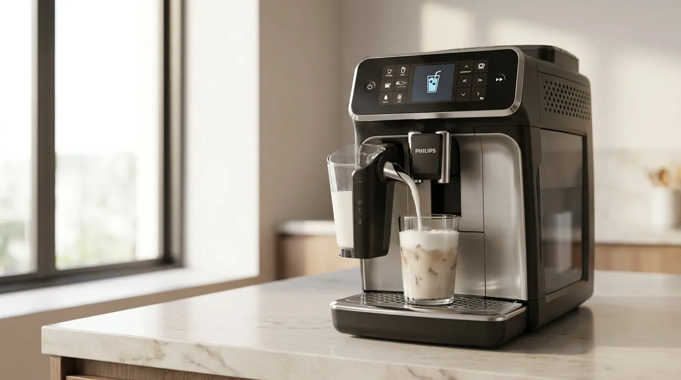 Panel ustawień ekspresu automatycznego DeLonghi z zaznaczonymi parametrami do kawy mrożonej