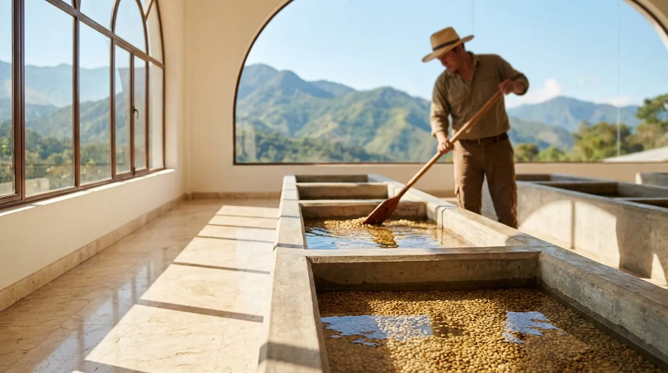 Stacja przetwarzania kawy washed w Kolumbii — betonowe kanały z wodą do fermentacji i mycia ziaren