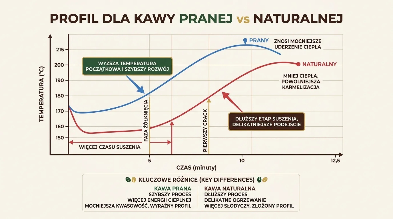 Wykres ciepła profilu palenia washed coffee — łagodna krzywa z dłuższą fazą suszenia i kontrolowanym rozwojem po first crack