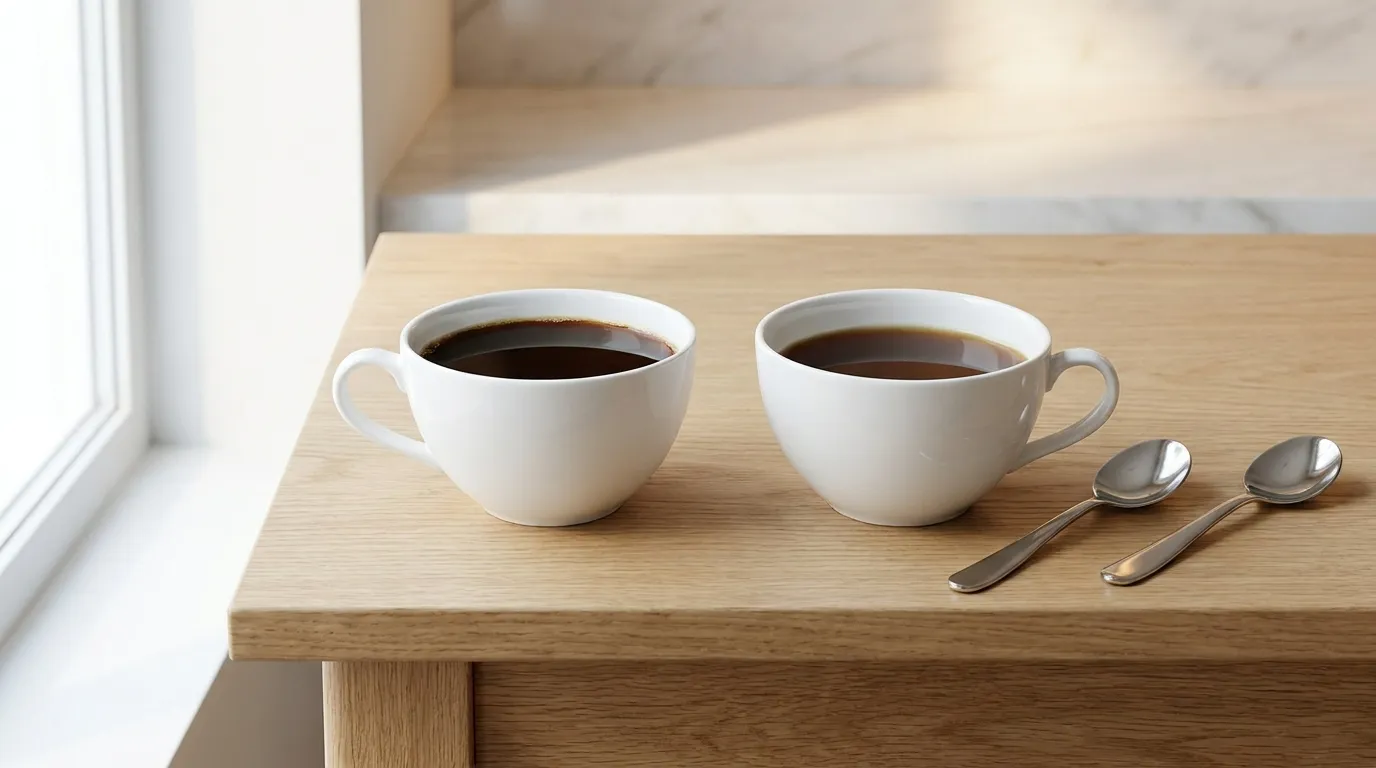 Porównanie dwóch filiżanek kawy — jedna zaparzona z miękkiej, druga z twardej wody