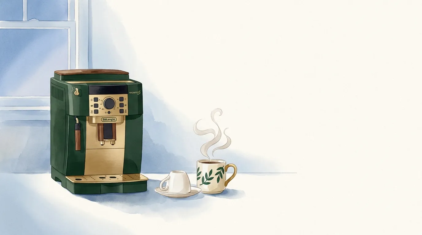 Wieczorna kuchnia o zmierzchu, na blacie wyłączony ekspres DeLonghi Magnifica S i pusta filiżanka odstawiona do góry dnem obok kubka herbaty