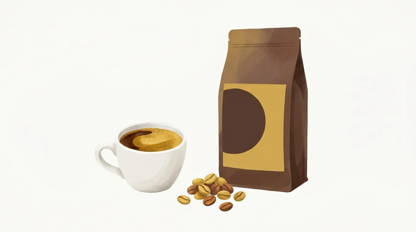 Pojedyncze espresso z gęstą cremą obok paczki kawy CRAFTBE Szlachetny Bóbr i garści ziaren