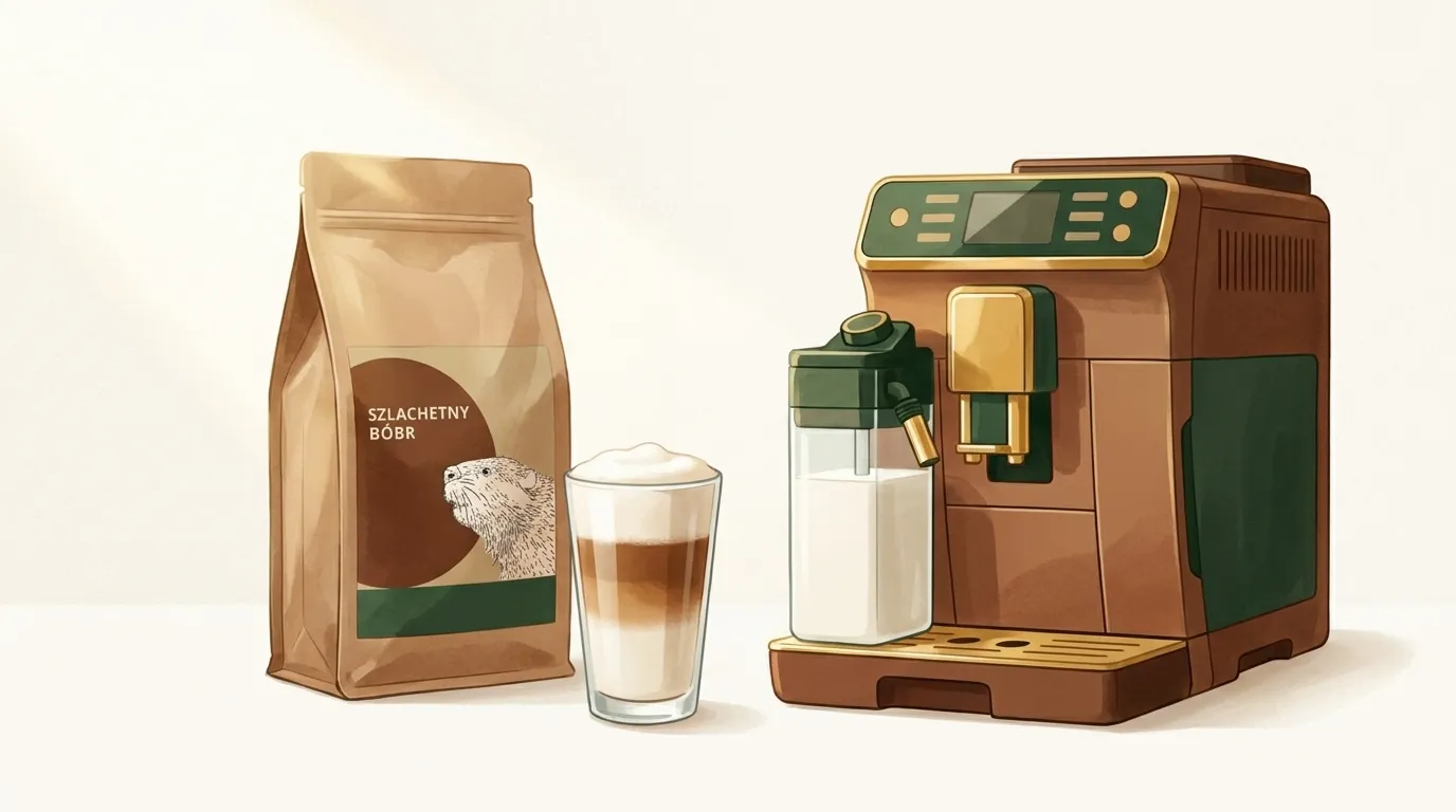 Paczka kawy Szlachetny Bóbr CRAFTBE obok wysokiej szklanki latte macchiato z trzema warstwami przy ekspresie z karafką na mleko