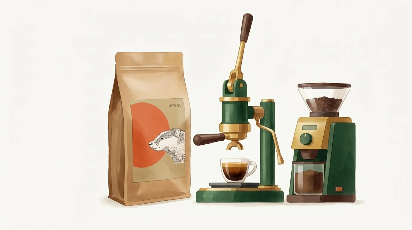 Paczka kawy Szykowny Borsuk CRAFTBE obok ekspresu kolbowego z kolbą w grupie, młynkiem żarnowym i filiżanką espresso z gęstą orzechową cremą na wadze