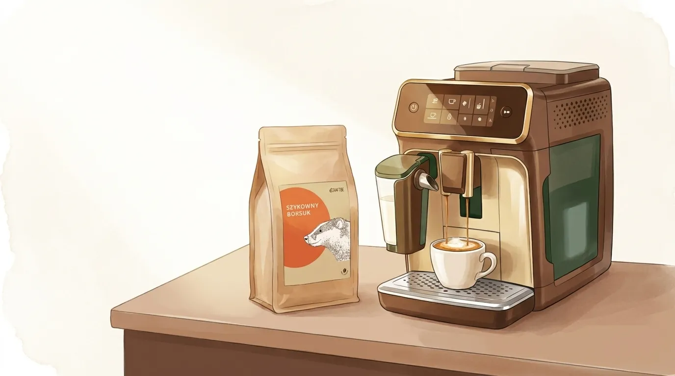 Paczka kawy Szykowny Borsuk CRAFTBE obok ekspresu Philips 3200 LatteGo i filiżanki espresso na kuchennym blacie