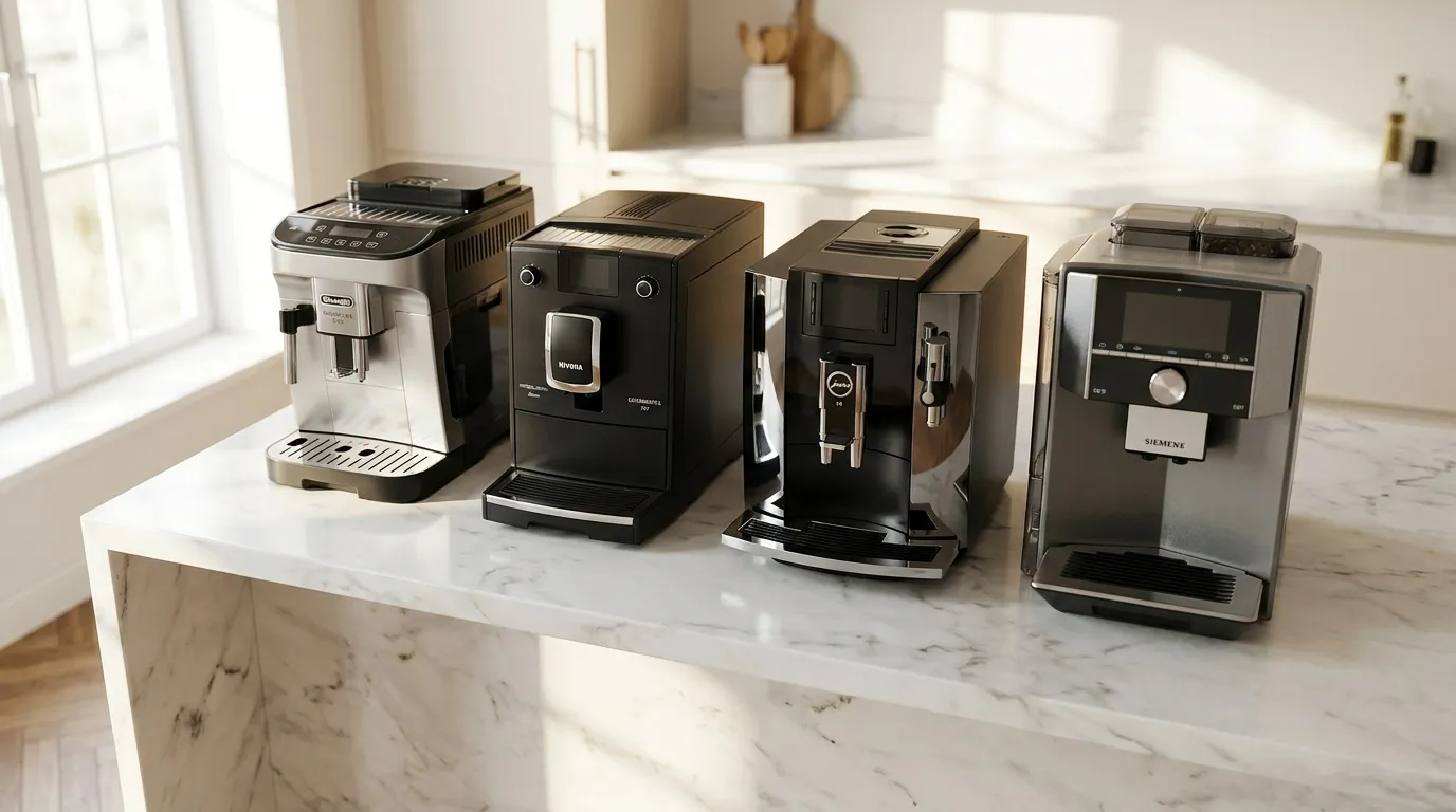 Porównanie ekspresów automatycznych — DeLonghi Magnifica, Nivona, Jura, Siemens na blacie kuchennym