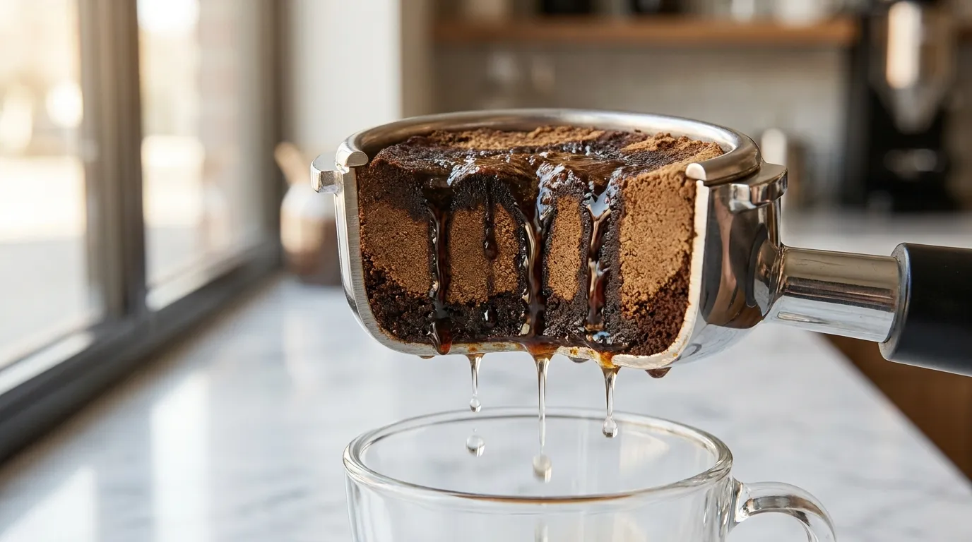 Schemat channelingu w pucku kawowym — nierównomierny przepływ wody przez kawę