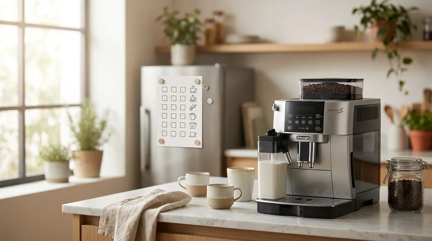 Harmonogram czyszczenia ekspresu automatycznego — tabela codziennie, tydzień, miesiąc, kwartał