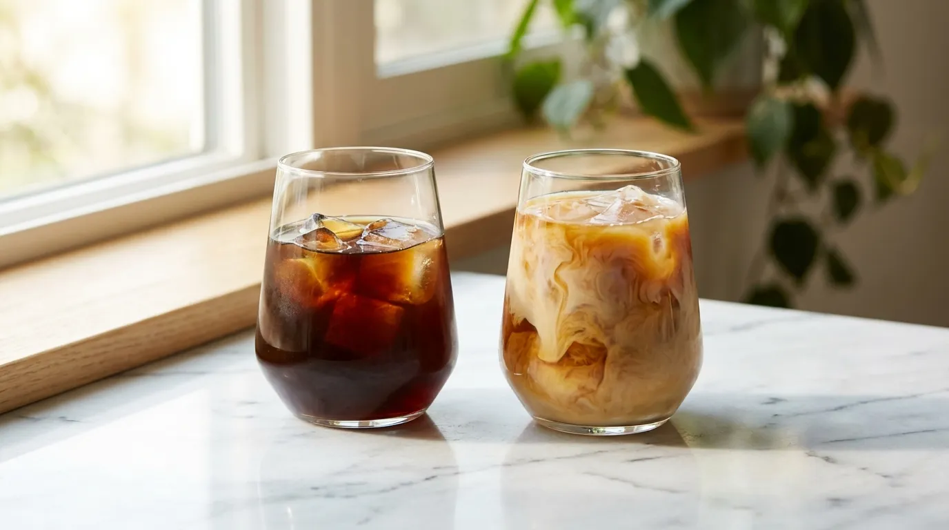 Warianty cold brew — czysty koncentrat i cold brew z mlekiem owsianym