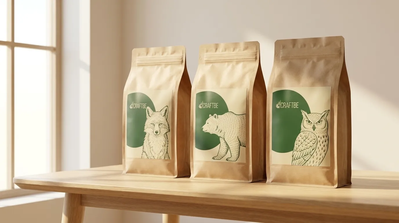 Paczki kawy CRAFTBE w kraft papierze z zieloną etykietą — trzy warianty obok siebie
