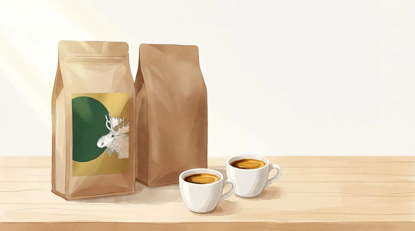 Paczka kawy CRAFTBE Dostojny Łoś obok kilogramowej torby kawy z marketu i dwóch filiżanek espresso na kuchennym blacie