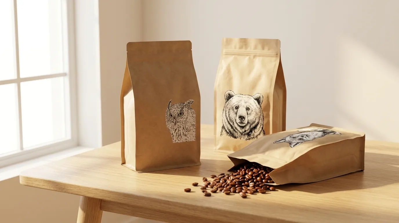 Trzy paczki kawy CRAFTBE w kraft papierze z zielonymi etykietami i ilustracjami zwierząt