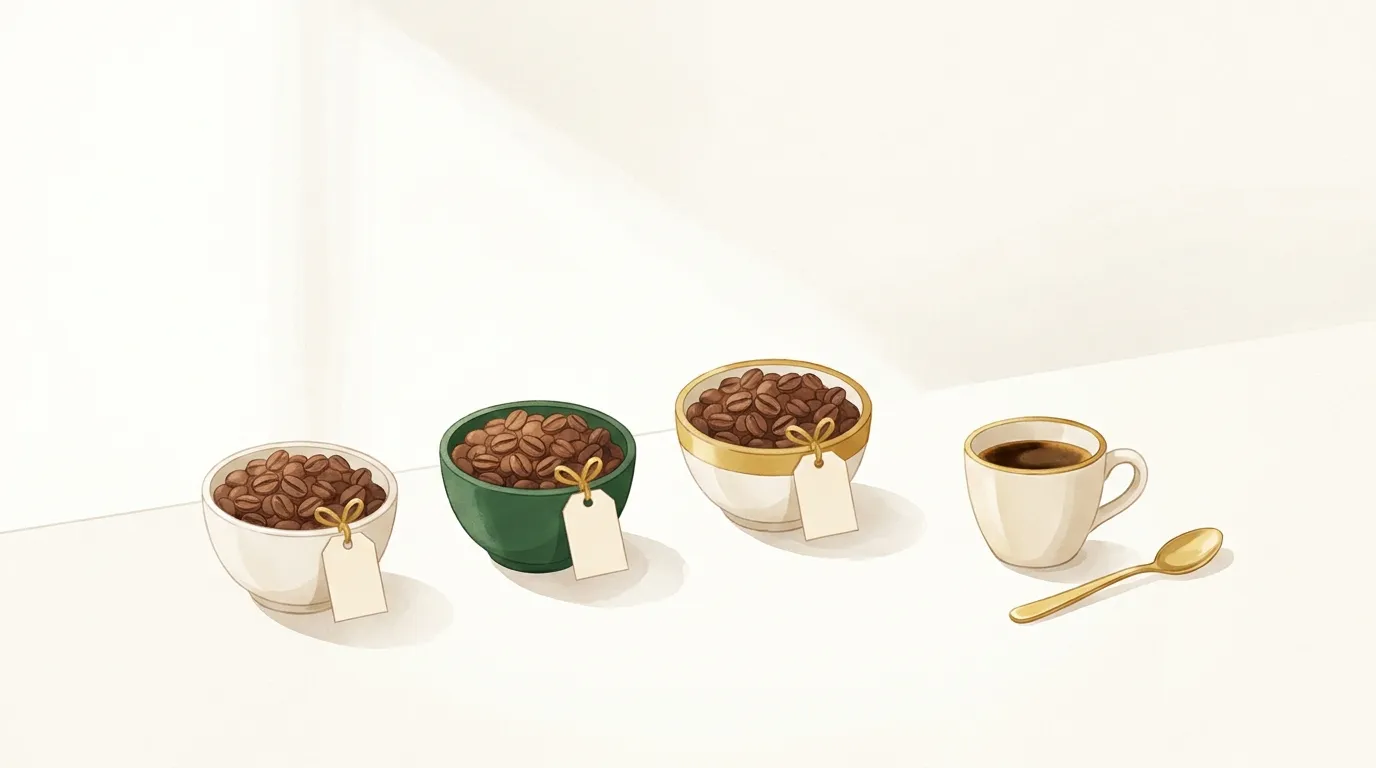 Trzy kawy ziarniste obok filiżanki espresso