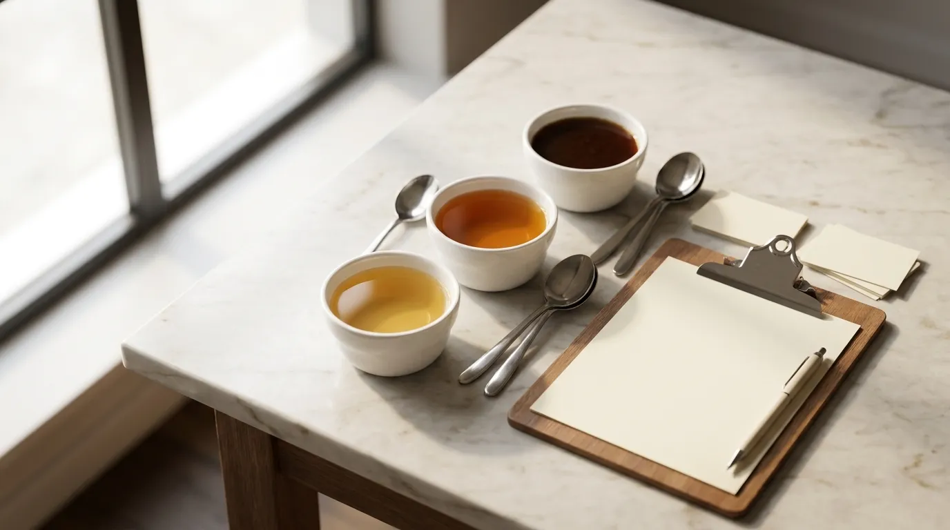 Sesja cuppingowa — trzy filiżanki z kawą z Kolumbii, Brazylii i Etiopii obok siebie na stole do degustacji