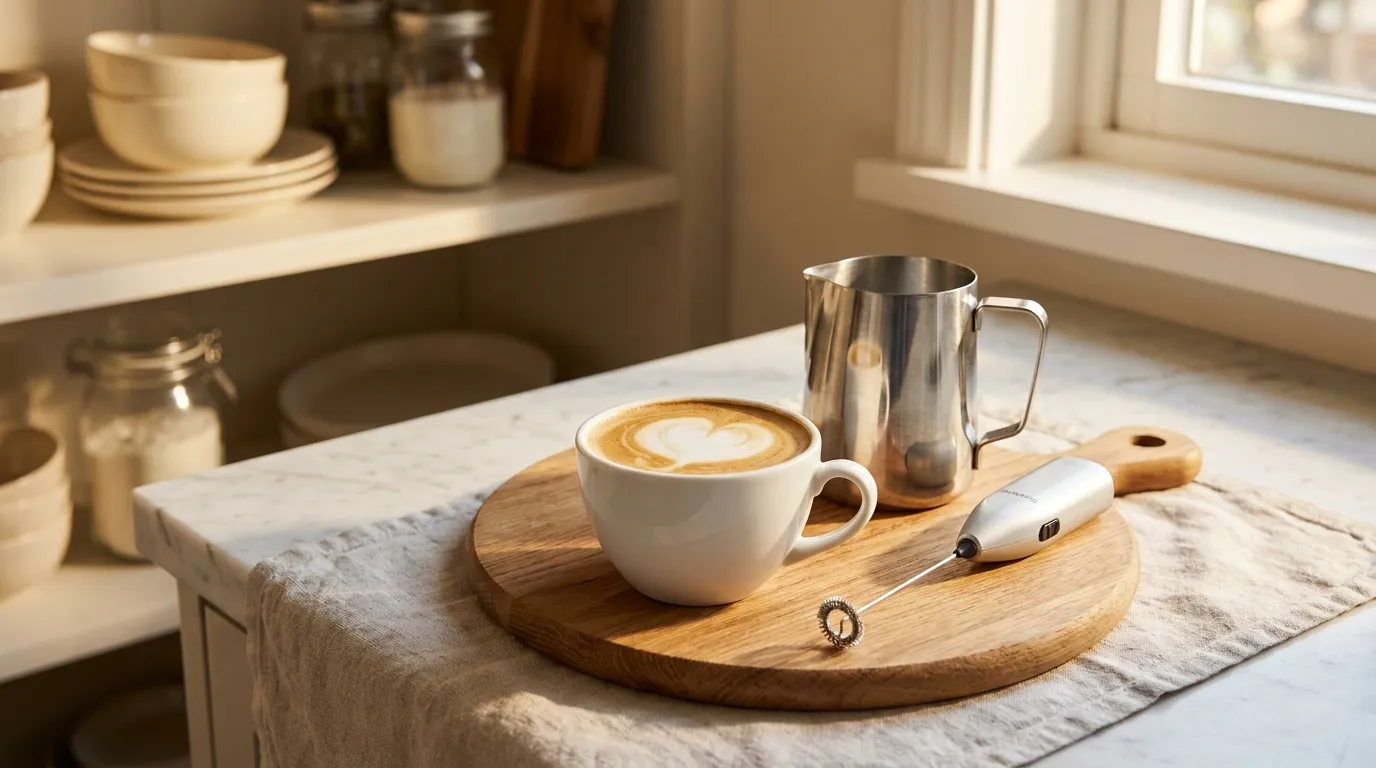 Domowy zestaw do ćwiczenia latte art — filiżanka z niedoskonałym sercem, dzbanek i spieniacz