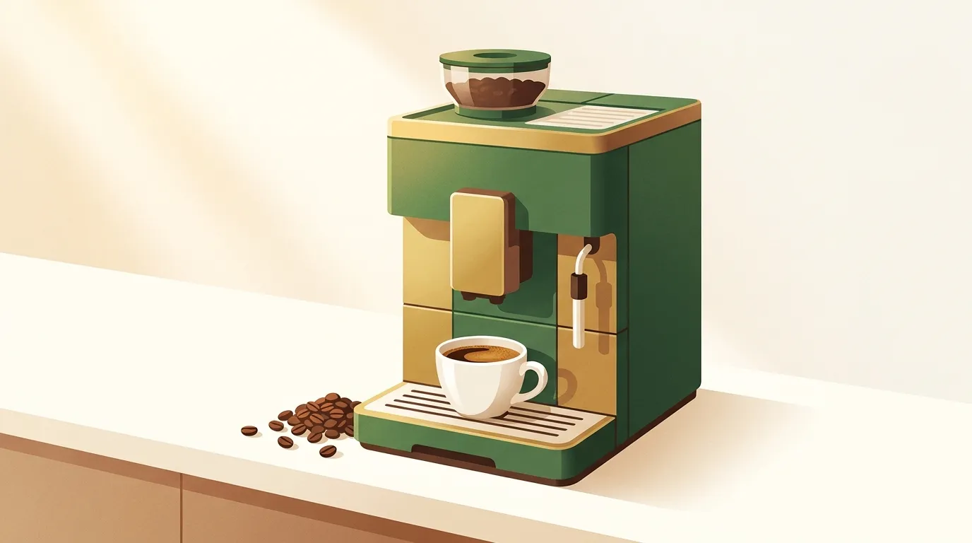 Ekspres automatyczny z dyszą do mleka i filiżanka espresso z gęstą cremą na kuchennym blacie, obok garść palonych ziaren
