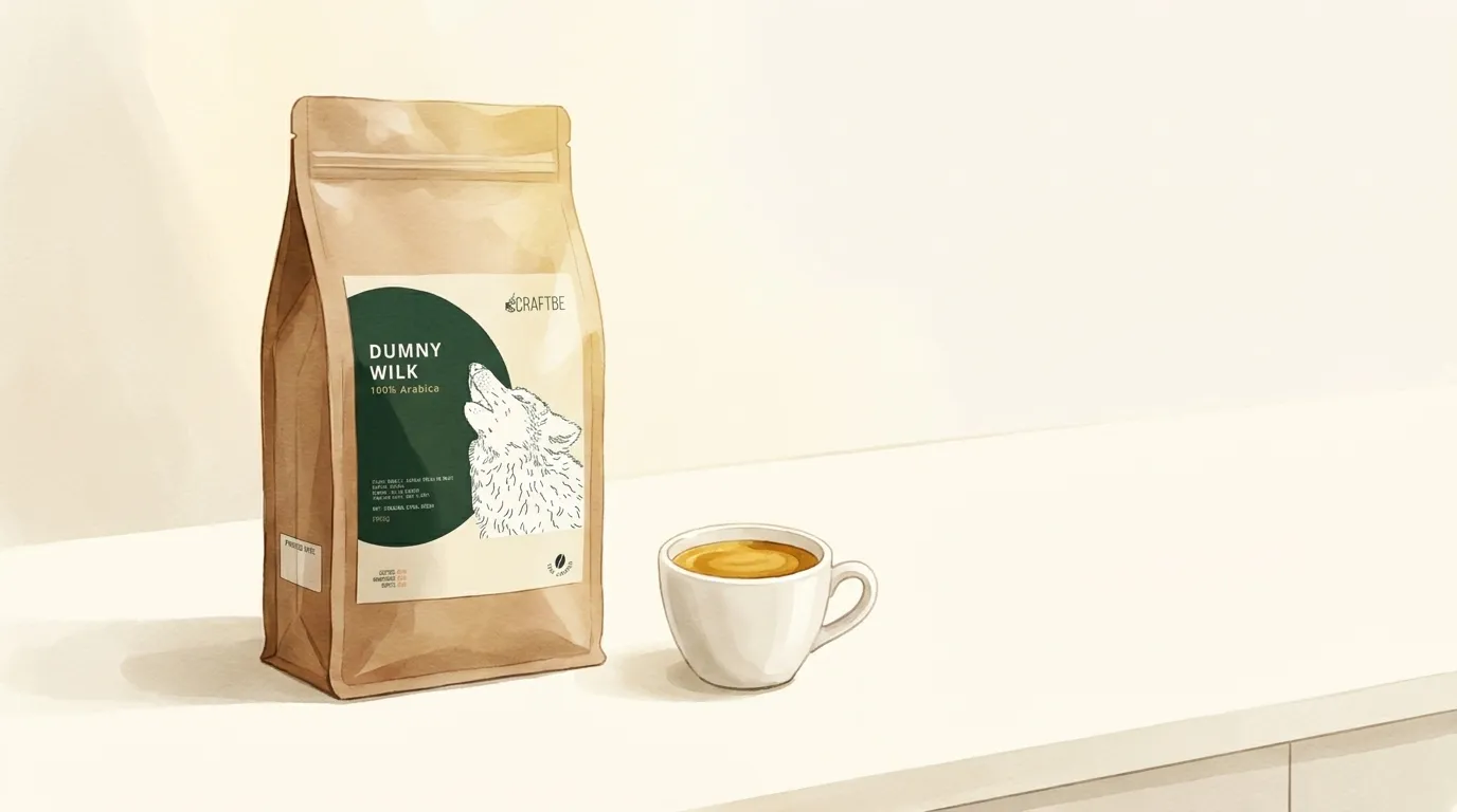 Paczka kawy Dumny Wilk CRAFTBE obok filiżanki espresso z gęstą cremą i otwartej torby z widoczną datą palenia na kuchennym blacie