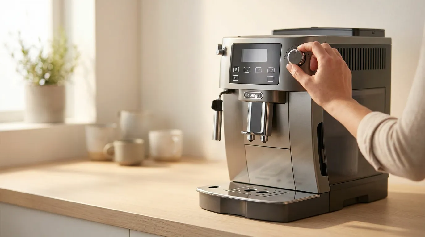 Panel ustawień ekspresu automatycznego DeLonghi Magnifica — regulacja mielenia i siły kawy