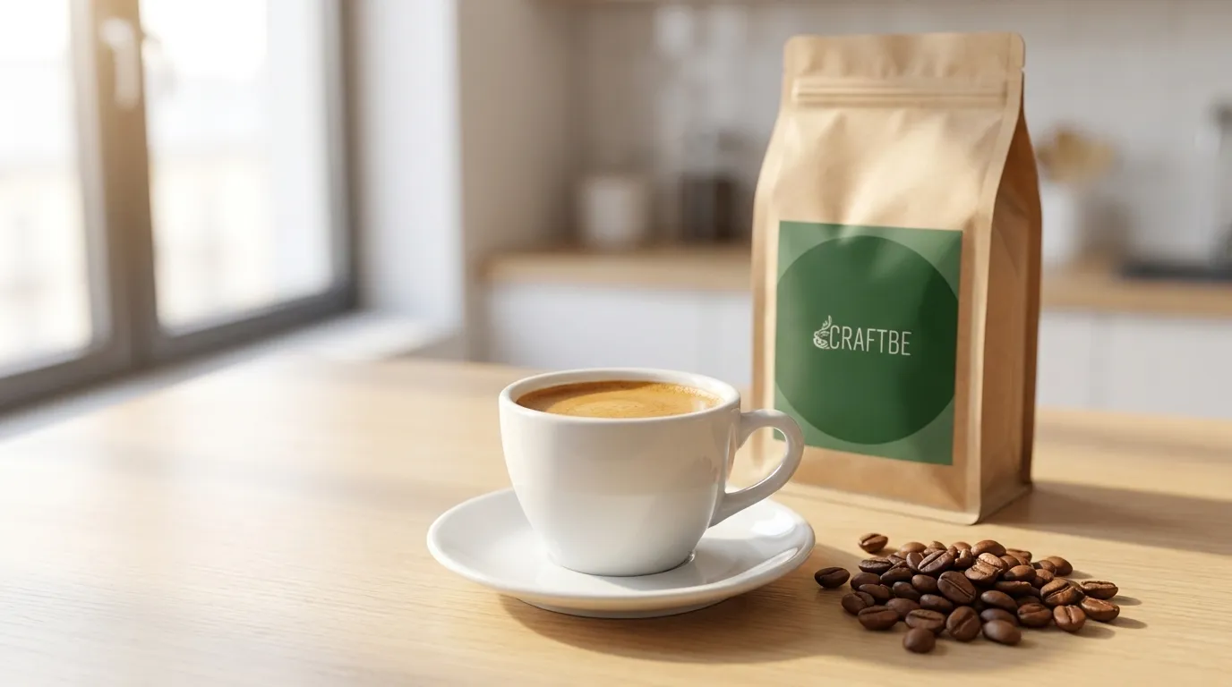 Espresso z brazylijskich ziaren z gęstą orzechową cremą w białej filiżance