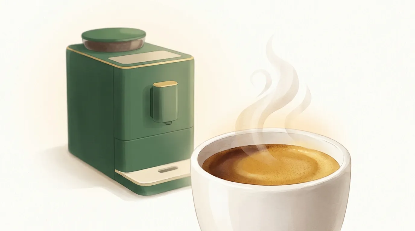 Espresso z gęstą orzechową cremą, ekspres automatyczny w tle