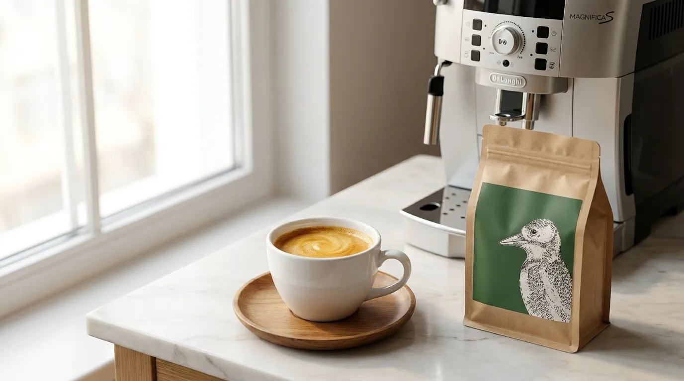 Espresso z gwatemalskich ziaren w białej filiżance z gęstą orzechową cremą — ekspres automatyczny w tle