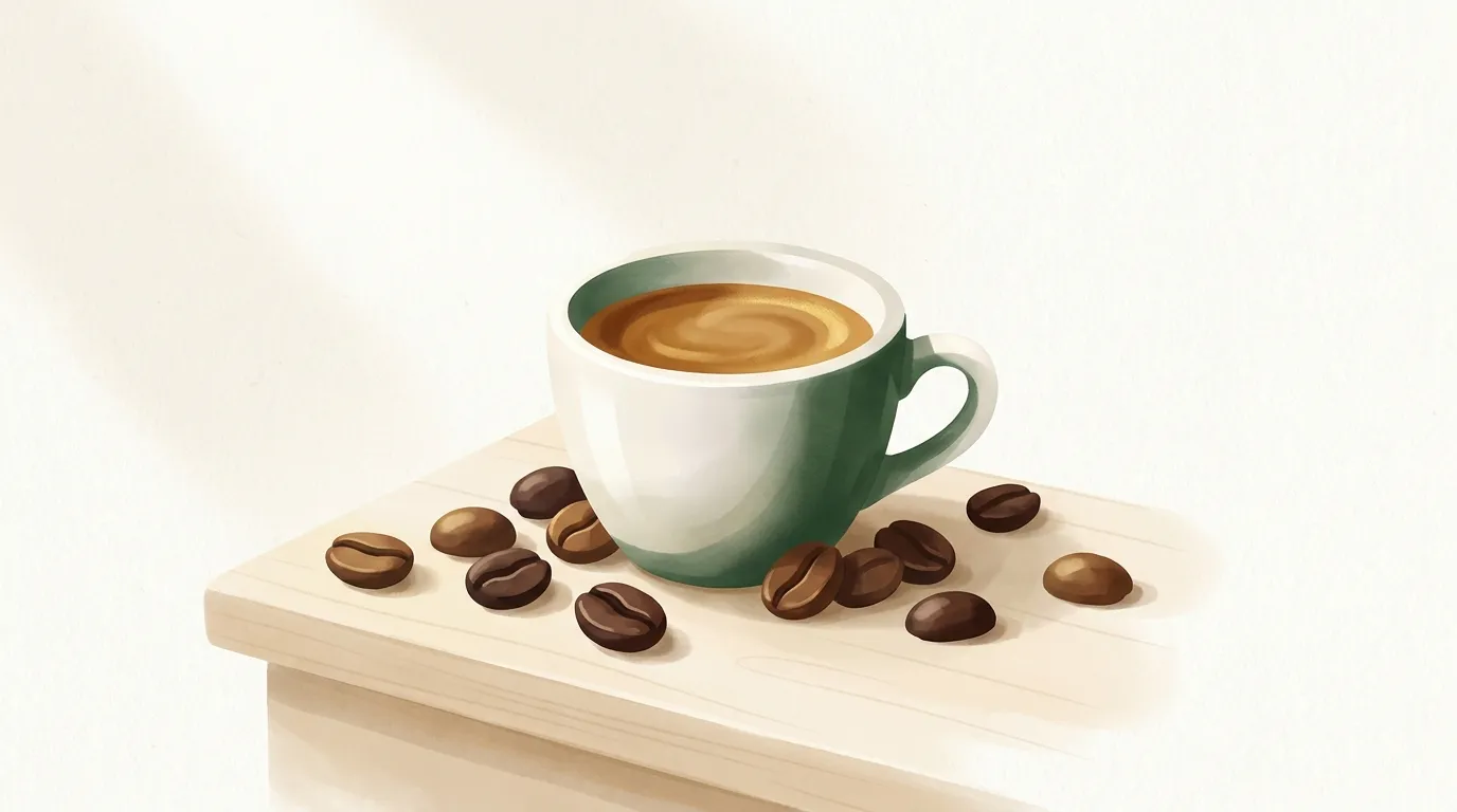 Filiżanka espresso z cremą obok ziaren kawy palonej na medium na drewnianym blacie