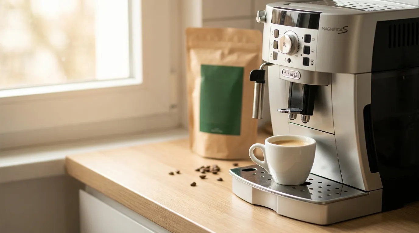 Filiżanka etiopskiej kawy specialty obok ekspresu automatycznego DeLonghi Magnifica — jasne espresso z kwiatowymi nutami