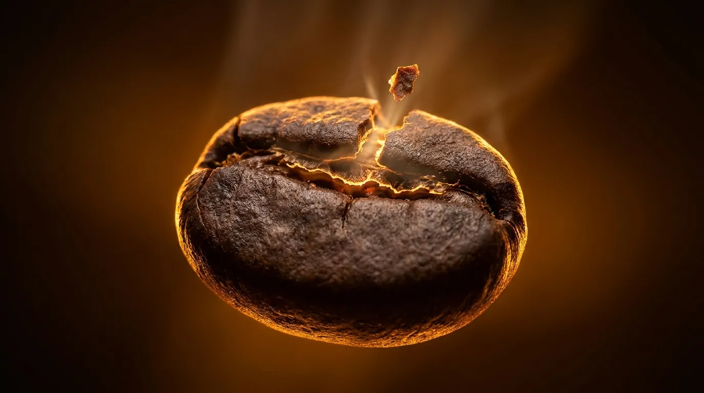 First crack kawy — pęknięcia struktury ziarna podczas palenia z widocznym uwalnianiem CO2