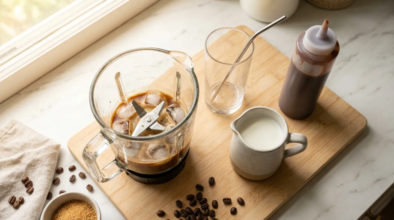 Frappé w blenderze — espresso, lód, mleko i opcjonalny syrop