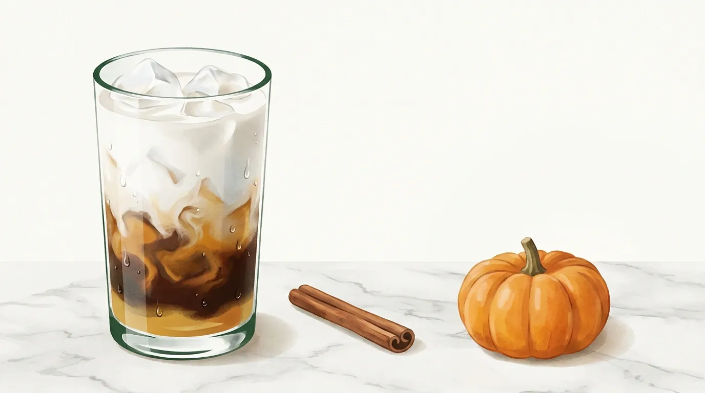 Iced pumpkin spice latte w wysokiej szklance z lodem, warstwą zimnego mleka i espresso wlanym na wierzch, obok laski cynamonu