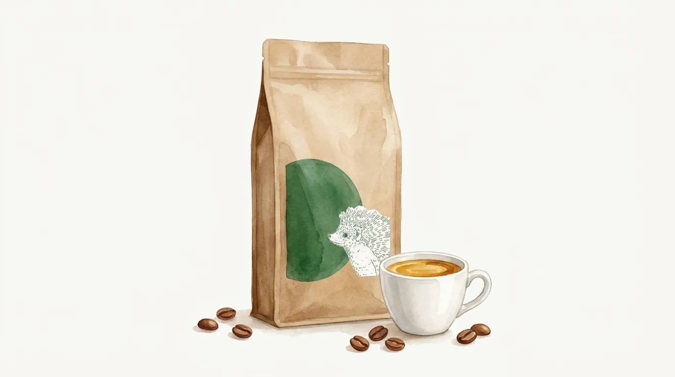Paczka kawy CRAFTBE Wdzięczny Jeż obok małej filiżanki espresso na jasnym stole w popołudniowym świetle