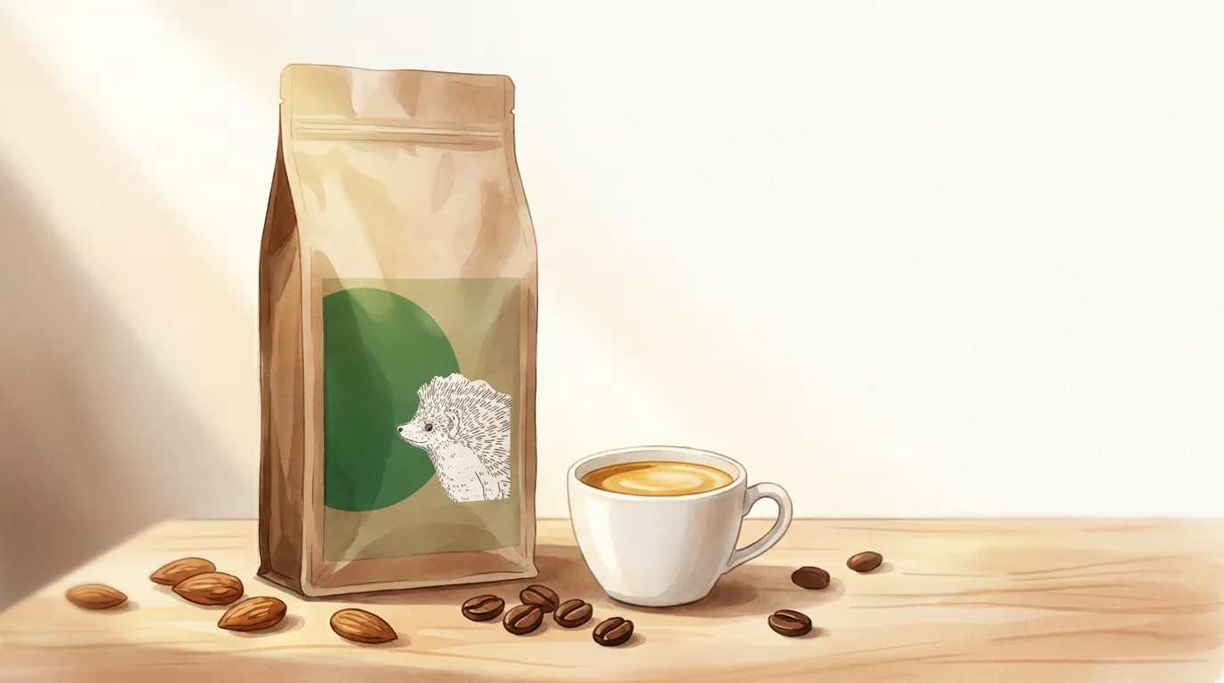 Paczka kawy CRAFTBE Wdzięczny Jeż obok filiżanki espresso z kremową cremą na jasnym drewnianym stole w popołudniowym świetle