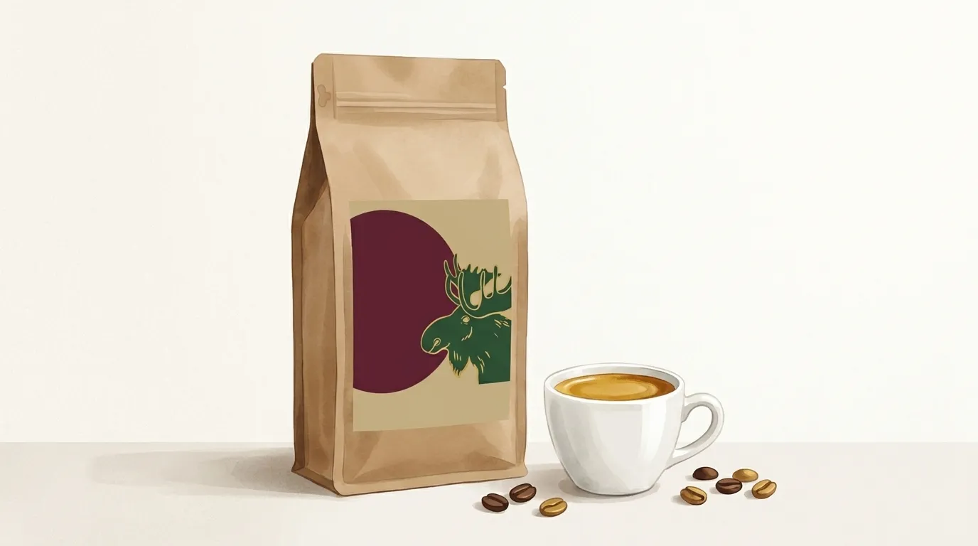 Paczka kawy CRAFTBE Dostojny Łoś obok filiżanki espresso z gęstą cremą na jasnym blacie