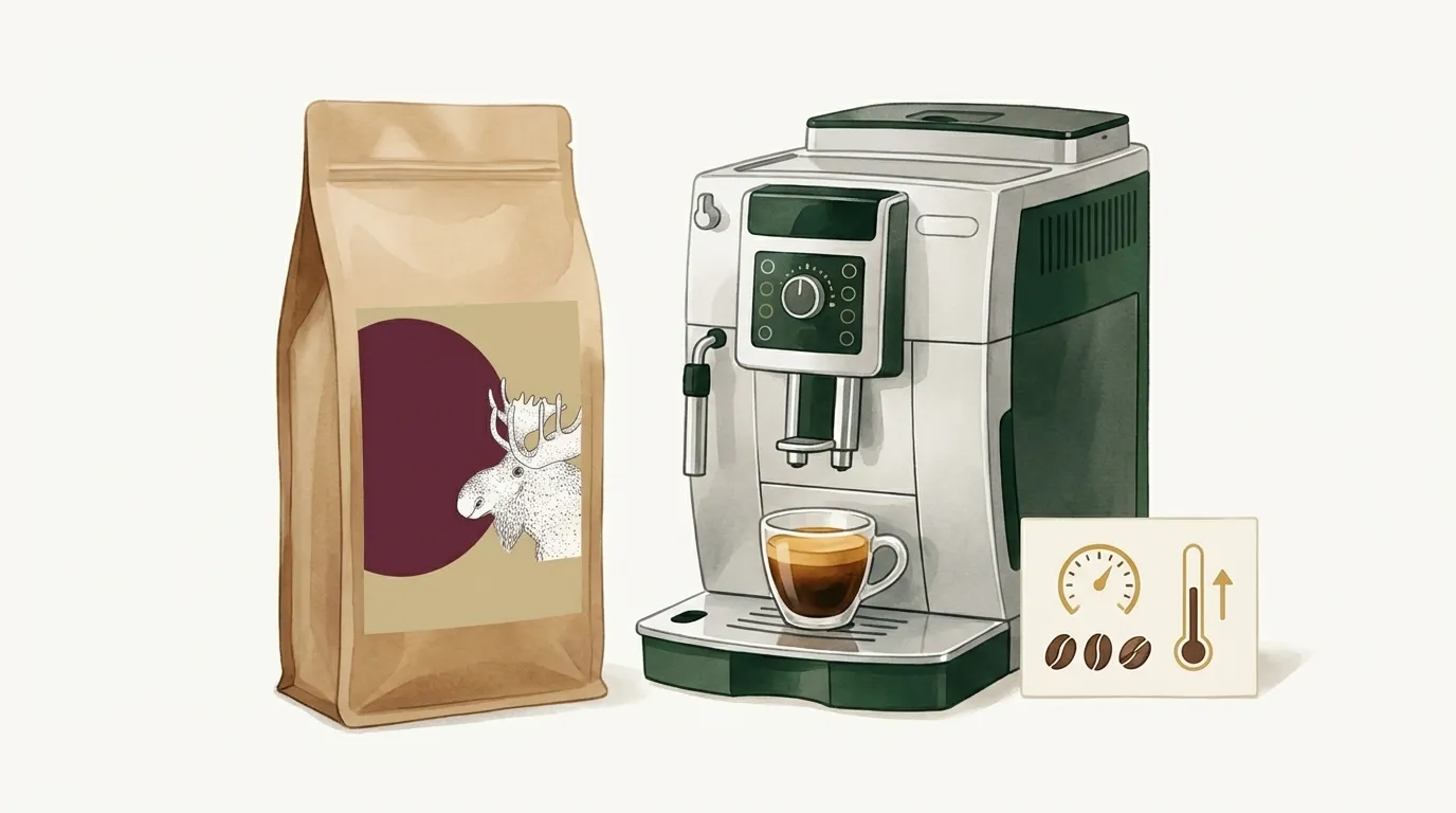 Paczka kawy Dostojny Łoś CRAFTBE stojąca obok srebrno-czarnego ekspresu automatycznego z filiżanką espresso pod wylewką i małą kartką z trzema ustawieniami w postaci ikon pokrętła, ziarenek i termometru